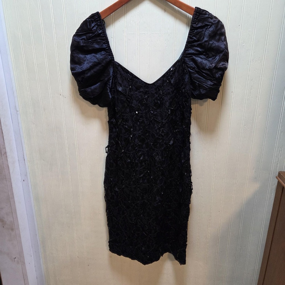 L.A. GLO Dress Juniors Medium Black Lace Puff Sleeve V Neck Sequin‎ Sheath 80s